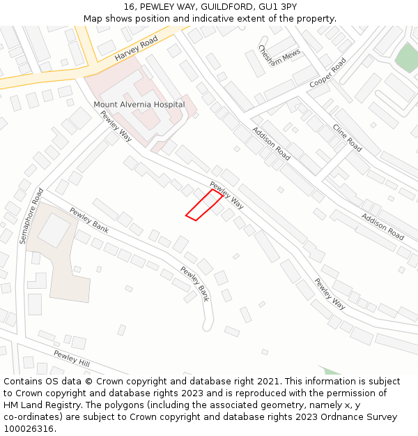 16, PEWLEY WAY, GUILDFORD, GU1 3PY: Location map and indicative extent of plot