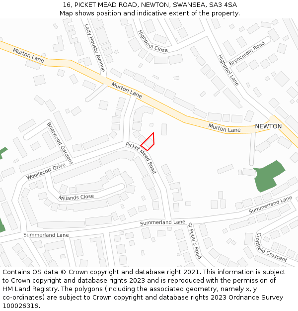 16, PICKET MEAD ROAD, NEWTON, SWANSEA, SA3 4SA: Location map and indicative extent of plot