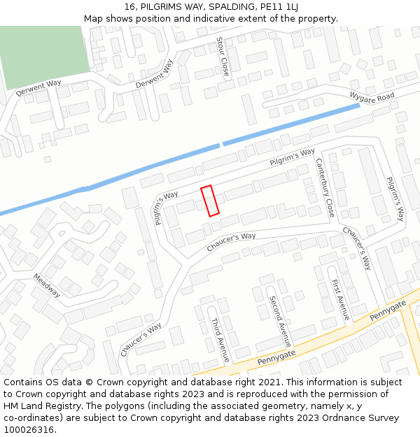 16, PILGRIMS WAY, SPALDING, PE11 1LJ: Location map and indicative extent of plot