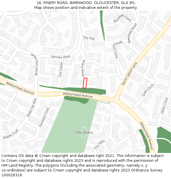 16, PINERY ROAD, BARNWOOD, GLOUCESTER, GL4 3FL: Location map and indicative extent of plot