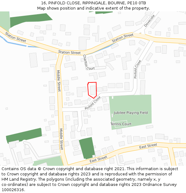 16, PINFOLD CLOSE, RIPPINGALE, BOURNE, PE10 0TB: Location map and indicative extent of plot