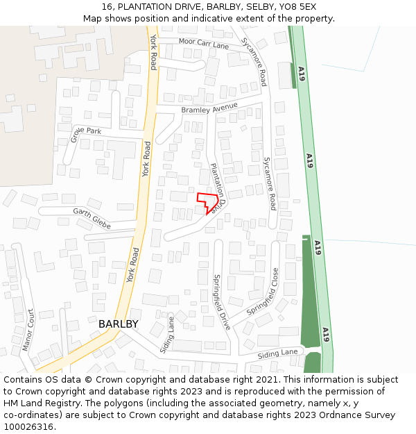 16, PLANTATION DRIVE, BARLBY, SELBY, YO8 5EX: Location map and indicative extent of plot