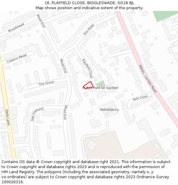 16, PLAYFIELD CLOSE, BIGGLESWADE, SG18 8JL: Location map and indicative extent of plot