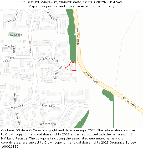 16, PLOUGHMANS WAY, GRANGE PARK, NORTHAMPTON, NN4 5AS: Location map and indicative extent of plot