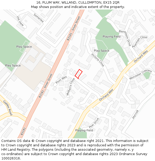 16, PLUM WAY, WILLAND, CULLOMPTON, EX15 2QR: Location map and indicative extent of plot