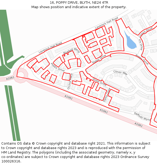 16, POPPY DRIVE, BLYTH, NE24 4TR: Location map and indicative extent of plot