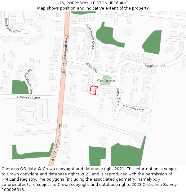 16, POPPY WAY, LEISTON, IP16 4UG: Location map and indicative extent of plot