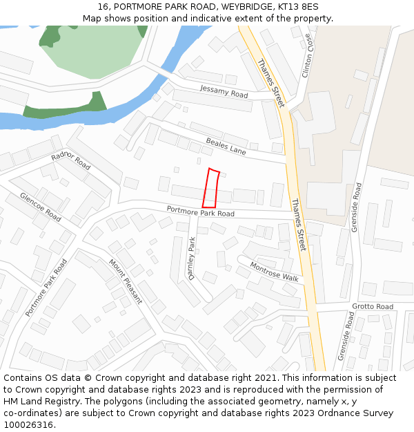 16, PORTMORE PARK ROAD, WEYBRIDGE, KT13 8ES: Location map and indicative extent of plot