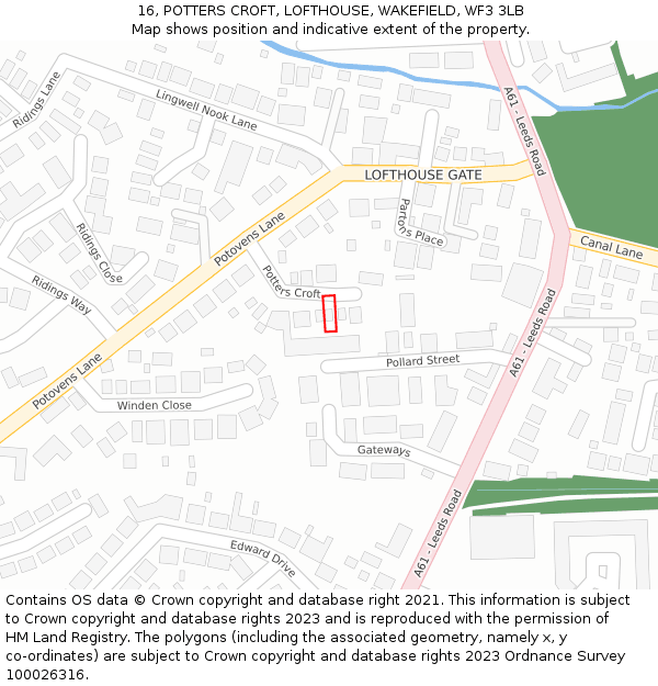 16, POTTERS CROFT, LOFTHOUSE, WAKEFIELD, WF3 3LB: Location map and indicative extent of plot