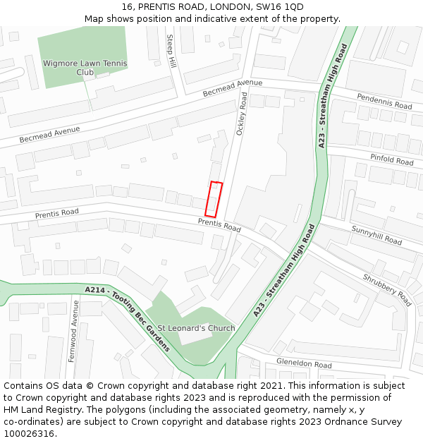 16, PRENTIS ROAD, LONDON, SW16 1QD: Location map and indicative extent of plot