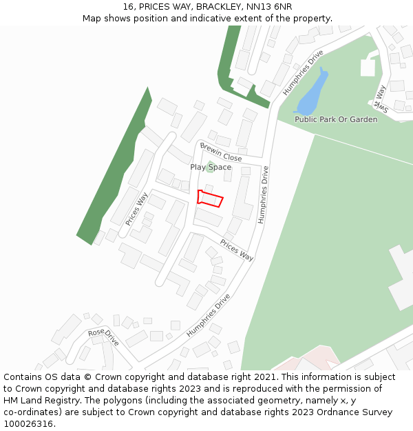 16, PRICES WAY, BRACKLEY, NN13 6NR: Location map and indicative extent of plot