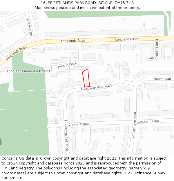 16, PRIESTLANDS PARK ROAD, SIDCUP, DA15 7HR: Location map and indicative extent of plot