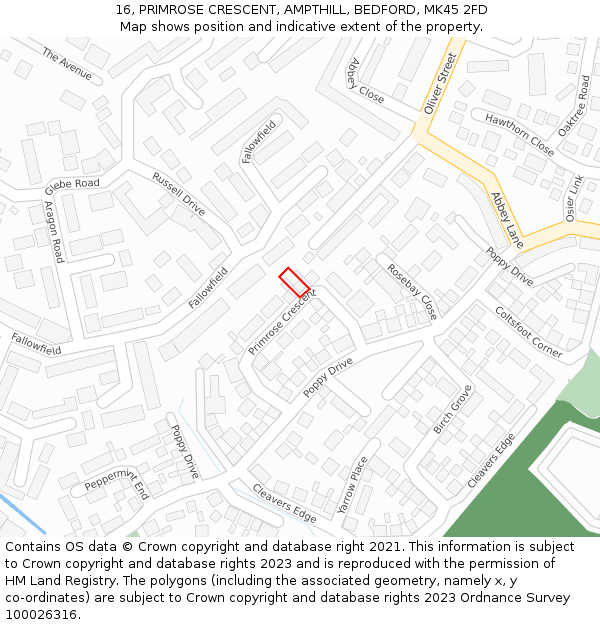 16, PRIMROSE CRESCENT, AMPTHILL, BEDFORD, MK45 2FD: Location map and indicative extent of plot