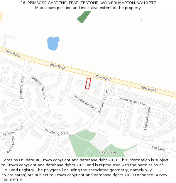 16, PRIMROSE GARDENS, FEATHERSTONE, WOLVERHAMPTON, WV10 7TZ: Location map and indicative extent of plot
