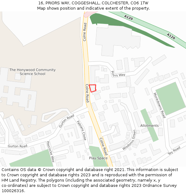 16, PRIORS WAY, COGGESHALL, COLCHESTER, CO6 1TW: Location map and indicative extent of plot