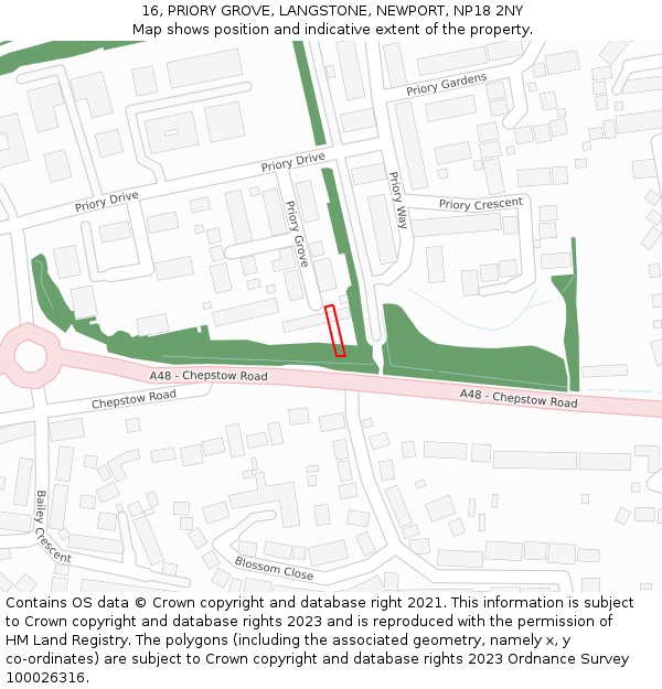 16, PRIORY GROVE, LANGSTONE, NEWPORT, NP18 2NY: Location map and indicative extent of plot