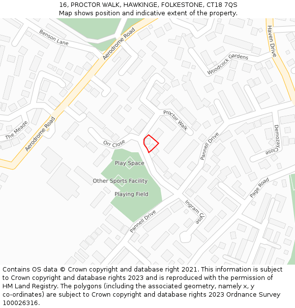 16, PROCTOR WALK, HAWKINGE, FOLKESTONE, CT18 7QS: Location map and indicative extent of plot