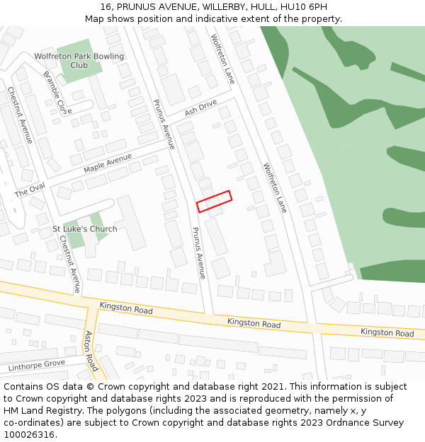 16, PRUNUS AVENUE, WILLERBY, HULL, HU10 6PH: Location map and indicative extent of plot