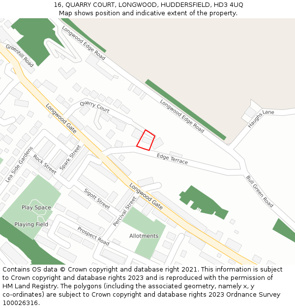 16, QUARRY COURT, LONGWOOD, HUDDERSFIELD, HD3 4UQ: Location map and indicative extent of plot