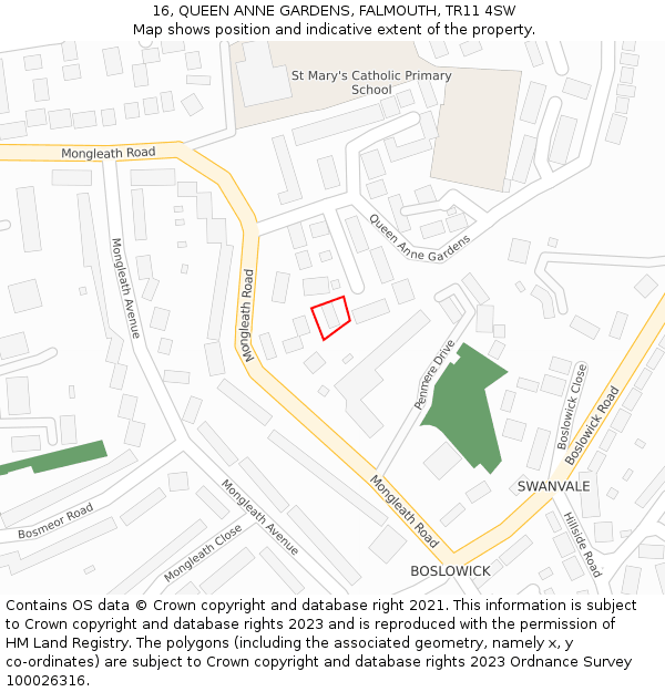 16, QUEEN ANNE GARDENS, FALMOUTH, TR11 4SW: Location map and indicative extent of plot