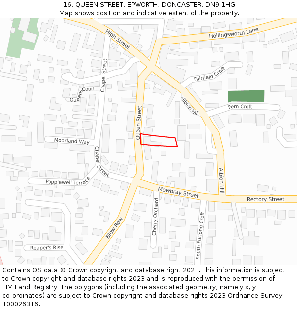 16, QUEEN STREET, EPWORTH, DONCASTER, DN9 1HG: Location map and indicative extent of plot