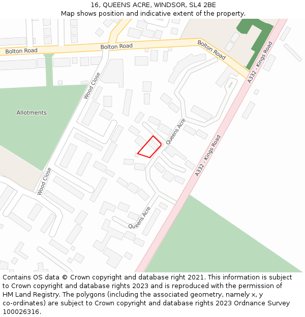 16, QUEENS ACRE, WINDSOR, SL4 2BE: Location map and indicative extent of plot