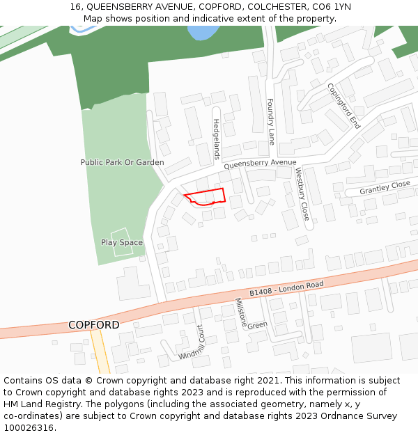 16, QUEENSBERRY AVENUE, COPFORD, COLCHESTER, CO6 1YN: Location map and indicative extent of plot