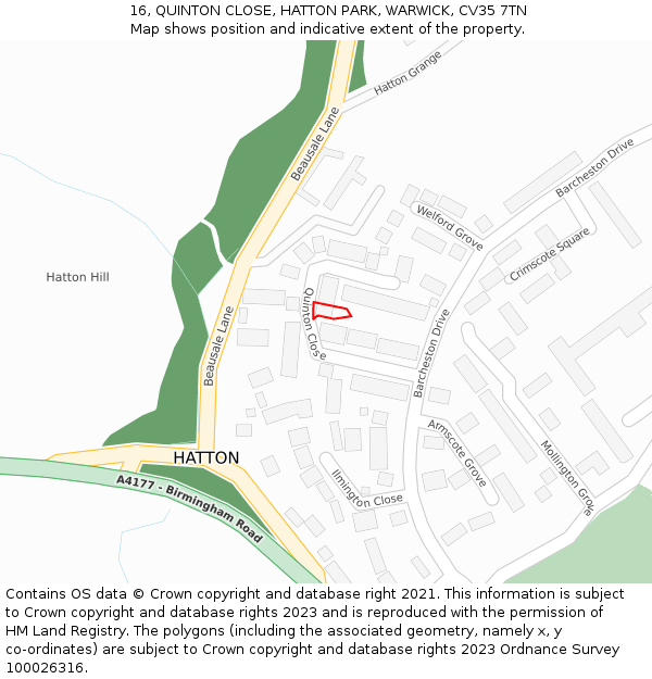 16, QUINTON CLOSE, HATTON PARK, WARWICK, CV35 7TN: Location map and indicative extent of plot