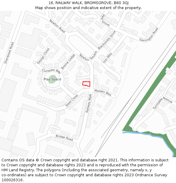 16, RAILWAY WALK, BROMSGROVE, B60 3GJ: Location map and indicative extent of plot