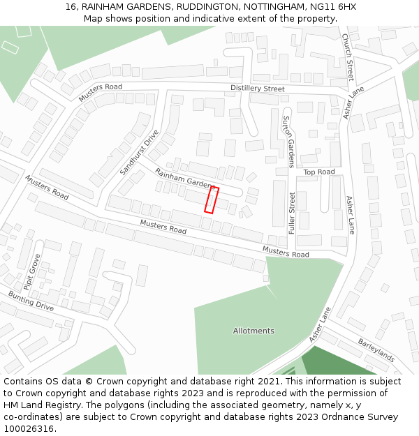 16, RAINHAM GARDENS, RUDDINGTON, NOTTINGHAM, NG11 6HX: Location map and indicative extent of plot