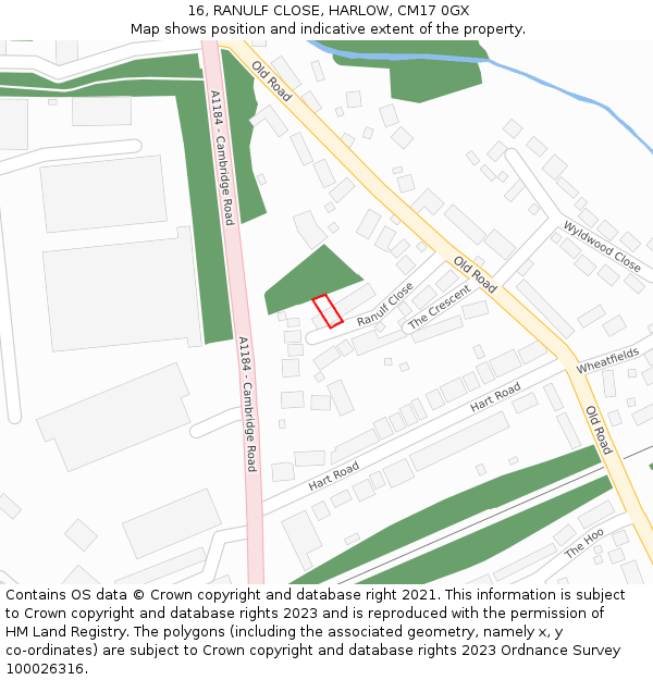 16, RANULF CLOSE, HARLOW, CM17 0GX: Location map and indicative extent of plot