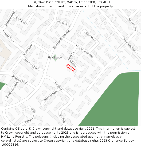 16, RAWLINGS COURT, OADBY, LEICESTER, LE2 4UU: Location map and indicative extent of plot