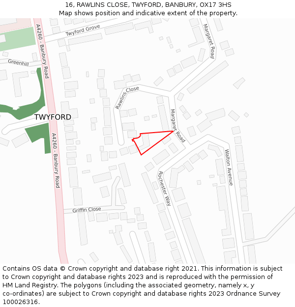 16, RAWLINS CLOSE, TWYFORD, BANBURY, OX17 3HS: Location map and indicative extent of plot