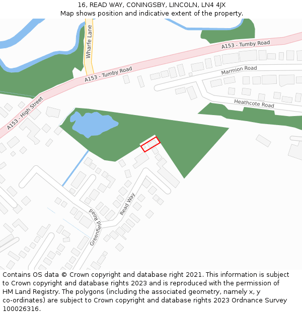 16, READ WAY, CONINGSBY, LINCOLN, LN4 4JX: Location map and indicative extent of plot