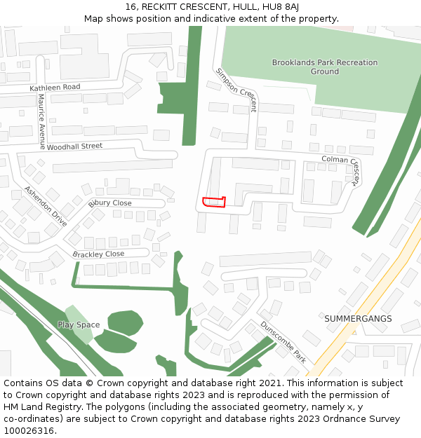 16, RECKITT CRESCENT, HULL, HU8 8AJ: Location map and indicative extent of plot