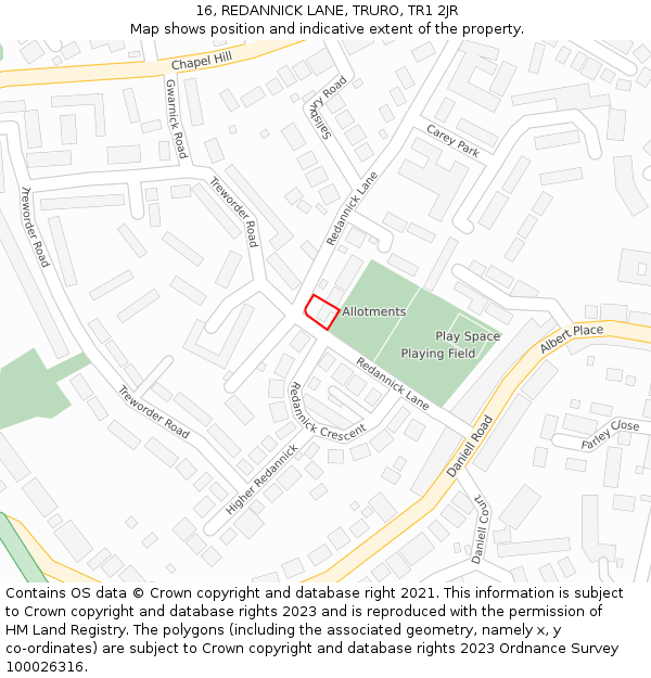 16, REDANNICK LANE, TRURO, TR1 2JR: Location map and indicative extent of plot