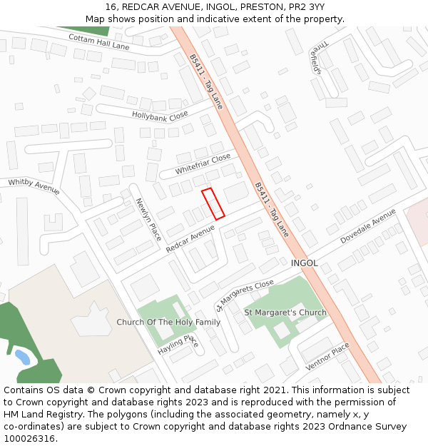 16, REDCAR AVENUE, INGOL, PRESTON, PR2 3YY: Location map and indicative extent of plot