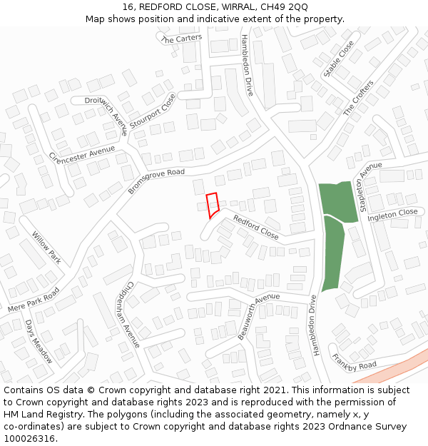 16, REDFORD CLOSE, WIRRAL, CH49 2QQ: Location map and indicative extent of plot