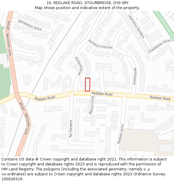 16, REDLAKE ROAD, STOURBRIDGE, DY9 0RY: Location map and indicative extent of plot