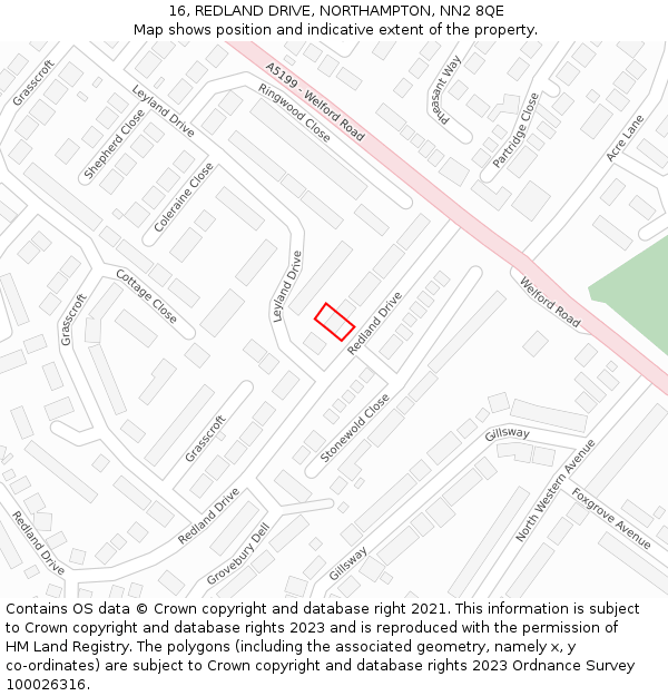 16, REDLAND DRIVE, NORTHAMPTON, NN2 8QE: Location map and indicative extent of plot