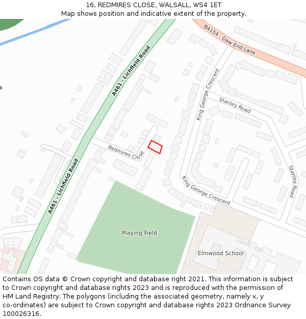 16, REDMIRES CLOSE, WALSALL, WS4 1ET: Location map and indicative extent of plot