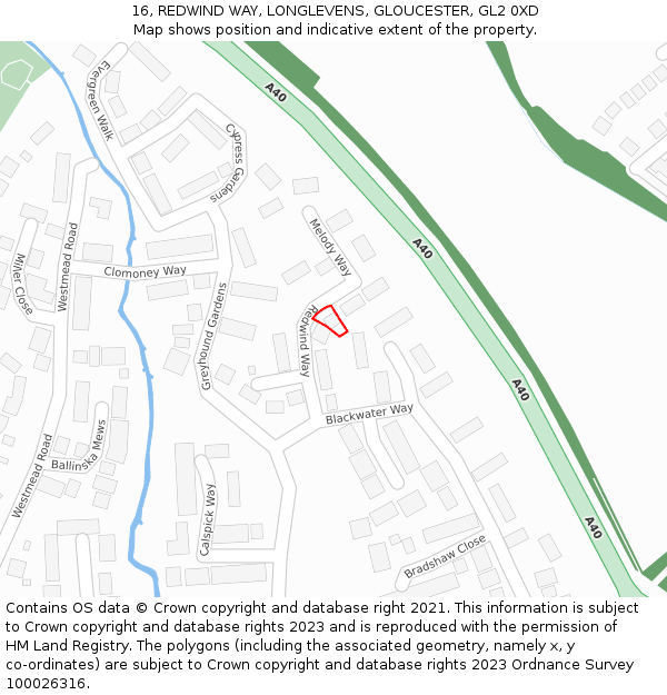 16, REDWIND WAY, LONGLEVENS, GLOUCESTER, GL2 0XD: Location map and indicative extent of plot