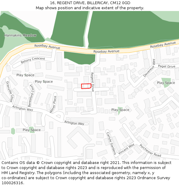 16, REGENT DRIVE, BILLERICAY, CM12 0GD: Location map and indicative extent of plot