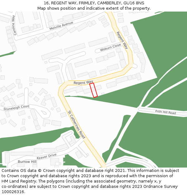 16, REGENT WAY, FRIMLEY, CAMBERLEY, GU16 8NS: Location map and indicative extent of plot