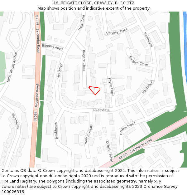 16, REIGATE CLOSE, CRAWLEY, RH10 3TZ: Location map and indicative extent of plot