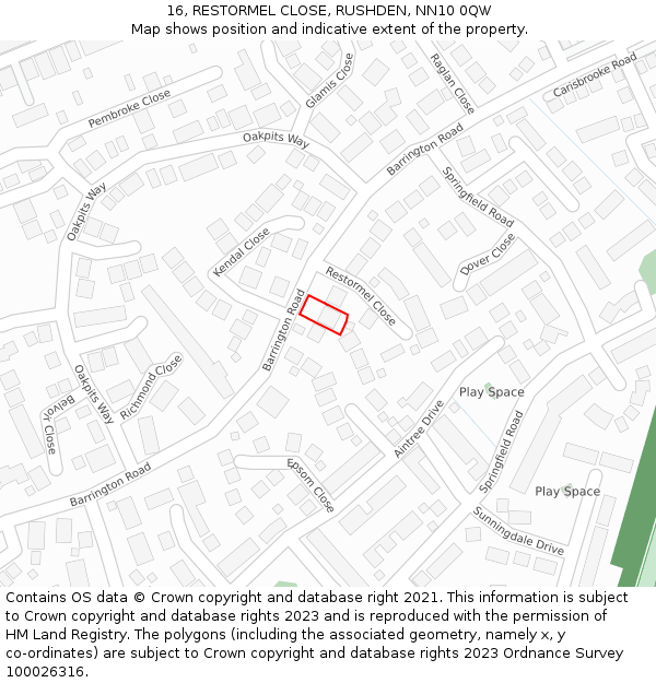 16, RESTORMEL CLOSE, RUSHDEN, NN10 0QW: Location map and indicative extent of plot