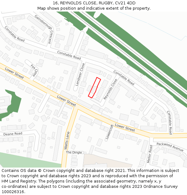 16, REYNOLDS CLOSE, RUGBY, CV21 4DD: Location map and indicative extent of plot