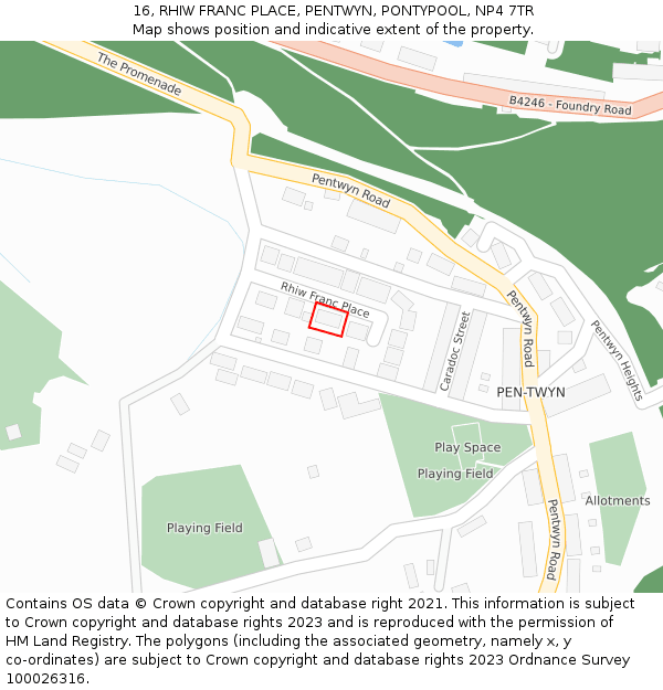 16, RHIW FRANC PLACE, PENTWYN, PONTYPOOL, NP4 7TR: Location map and indicative extent of plot