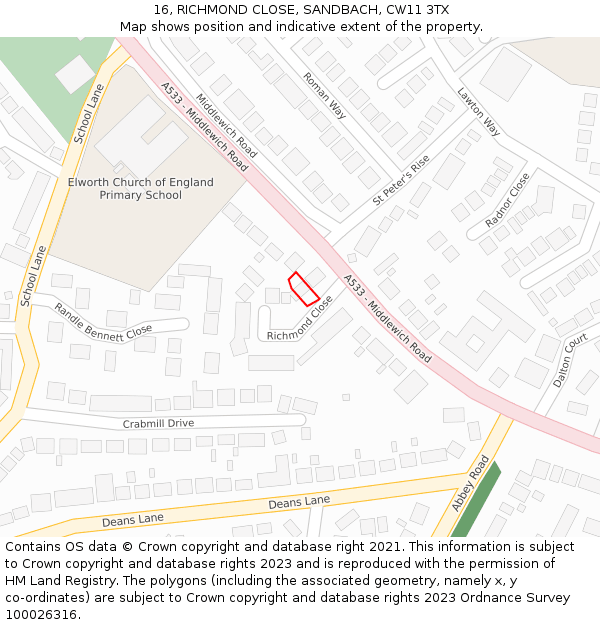 16, RICHMOND CLOSE, SANDBACH, CW11 3TX: Location map and indicative extent of plot