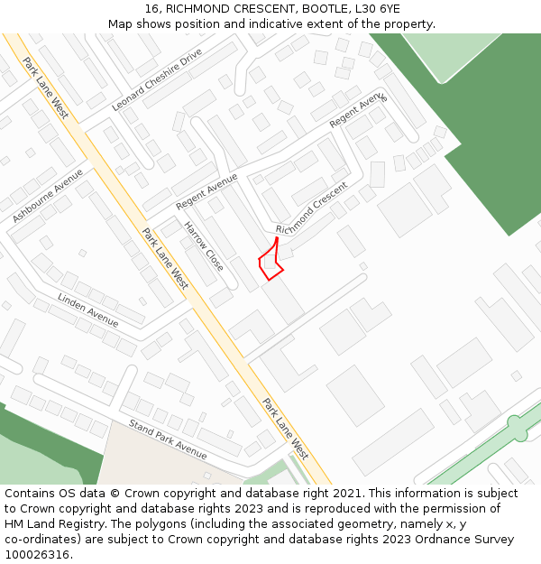 16, RICHMOND CRESCENT, BOOTLE, L30 6YE: Location map and indicative extent of plot